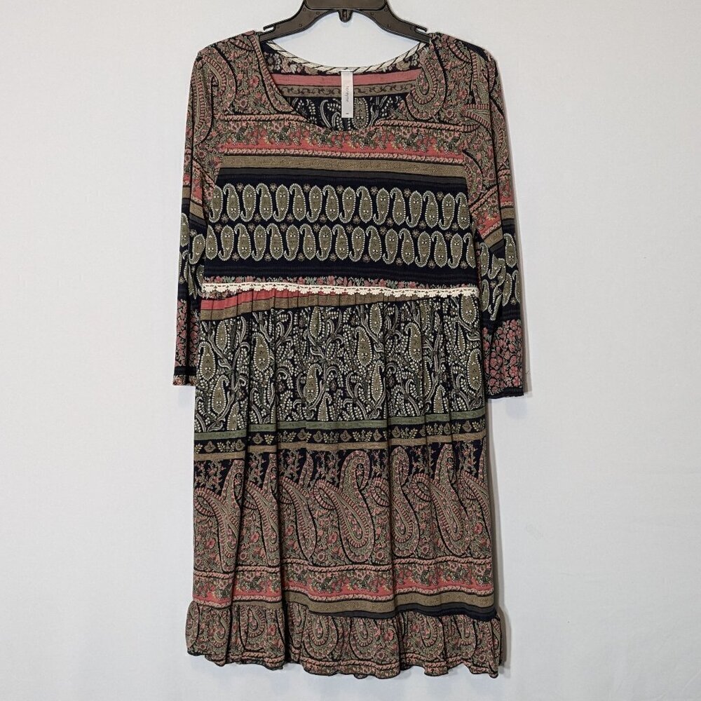 HONEYME Multi-Color Paisley Dress; Ruffle, Lace; Size S